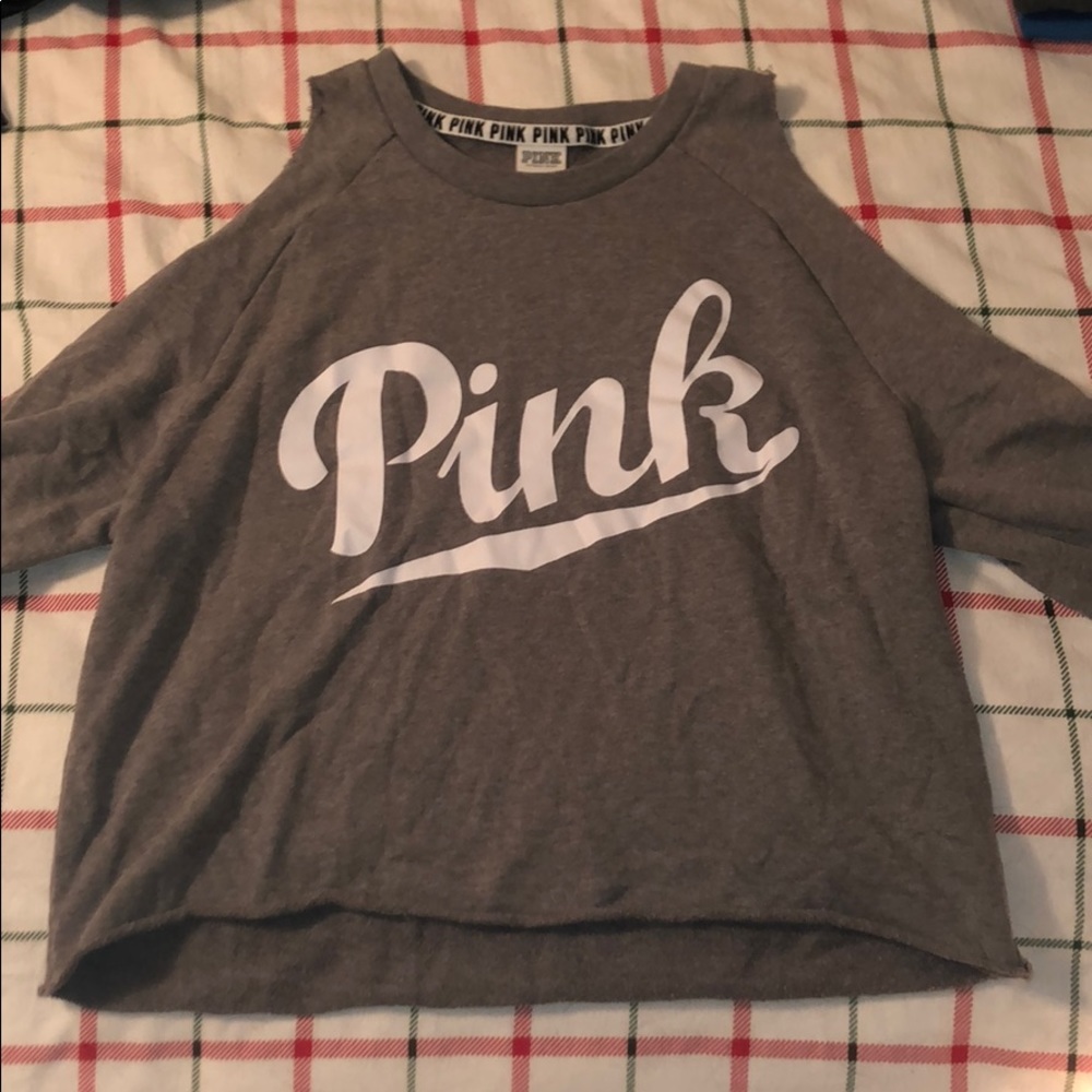 Pink cropped cut off shoulder crew neck